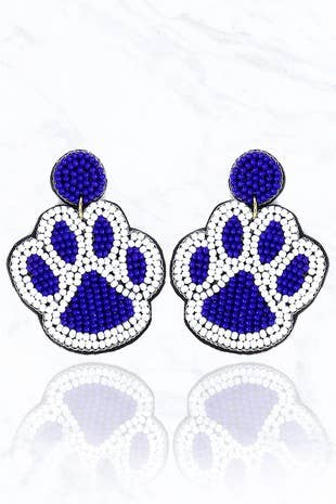 Blue and White Paw Print Seed Beaded Earrings